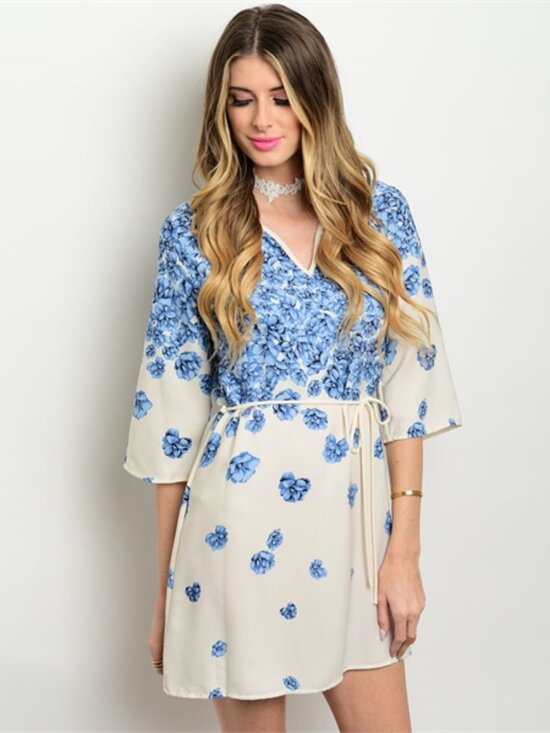 YoYo5 Dresses & Skirts - Yoyo 5 Women's Floral Mini Dress V-Neck 3/4 Sleeve, Blue Beige NWOT